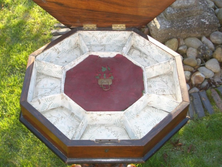 Antique Burr Walnut Trumpet Base Sewing Work Table
