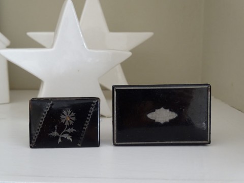 Two Antique Papier Mache Inlaid Snuff Boxes