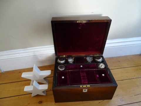 Antique Rosewood Vanity Jewellery Box Purple Velvet Interior With Secret Draw