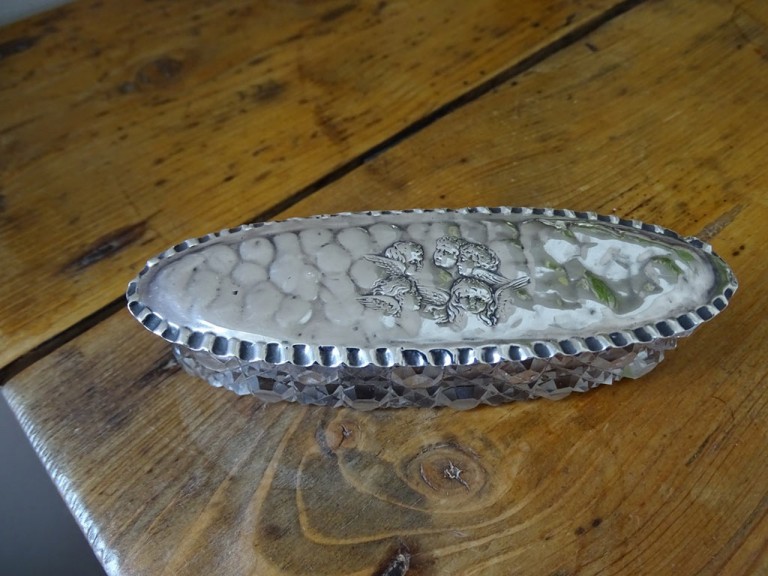Antique Silver And Cut Glass Winged Cherub Trinket Box