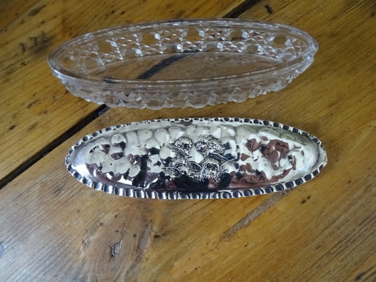 Antique Silver And Cut Glass Winged Cherub Trinket Box