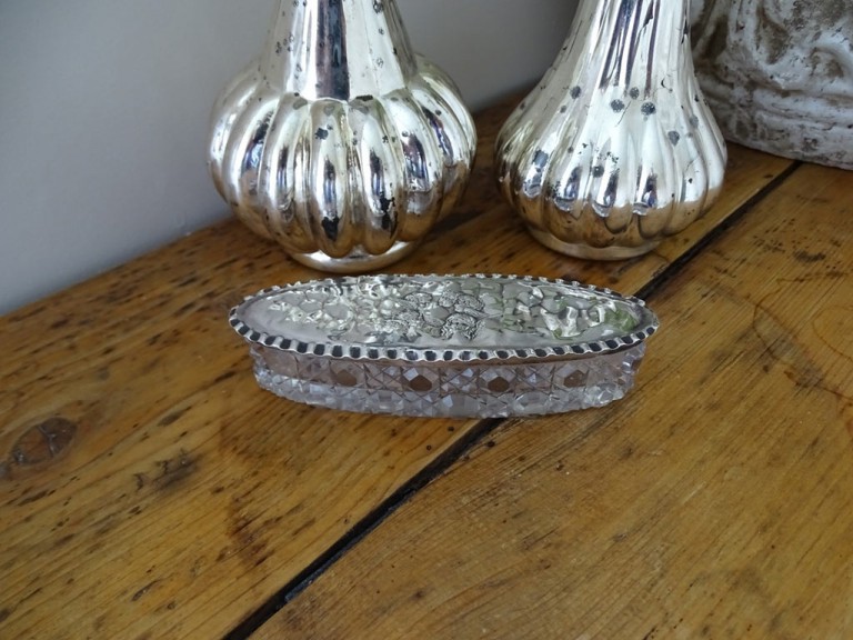 Antique Silver And Cut Glass Winged Cherub Trinket Box