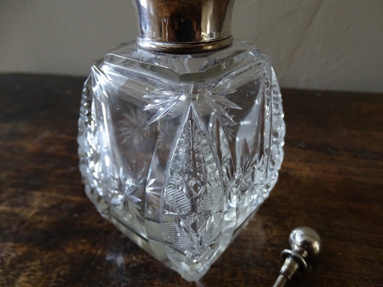 Antique Silver Topped And Cut Glass Perfume Bottle With Silver Dabber