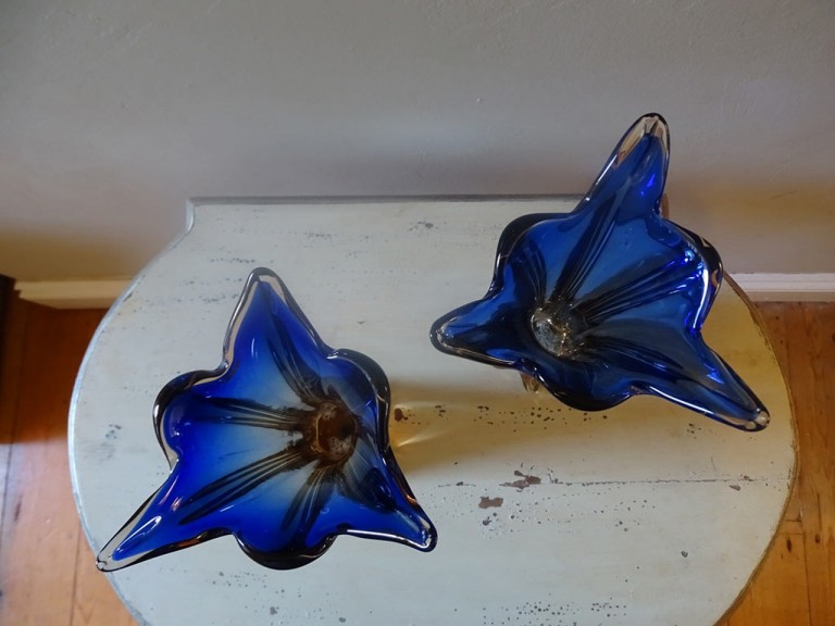 Stunning Pair Of Early Art Glass Murano Two Colour Blue And Brown Glass Vases