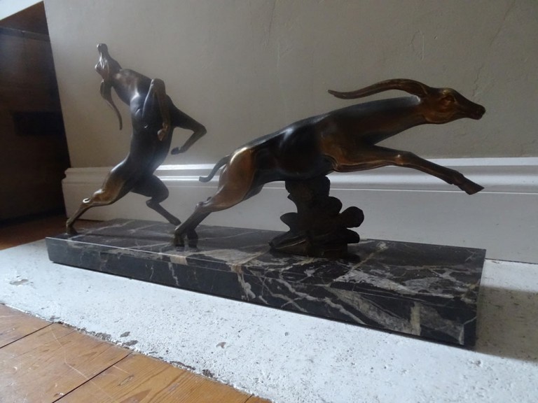 Antique French Art Deco Spelter Antelope Leaping Figures Signed Limousin