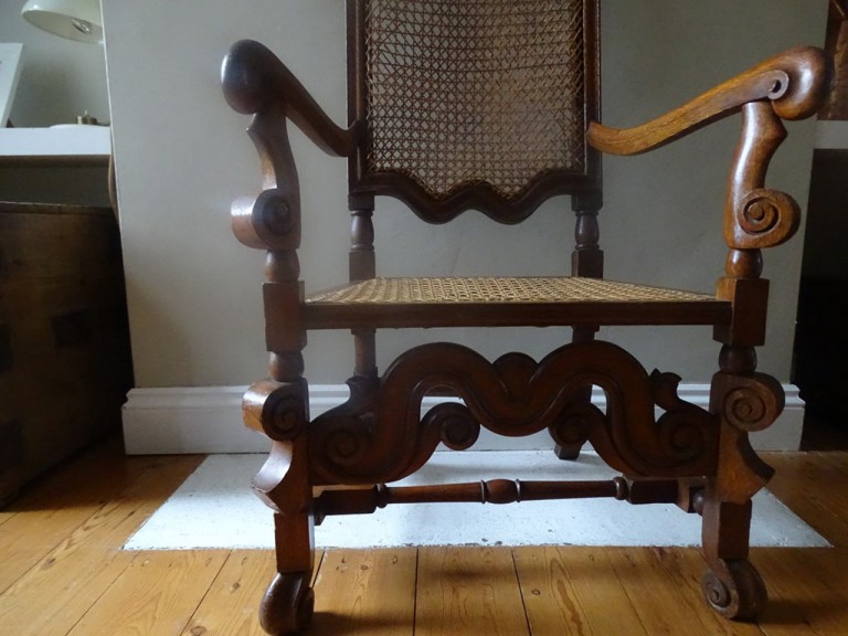 Antique French Carved Walnut And Cane Armchair Throne
