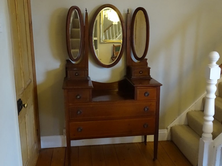 Antique Edwardian Inlaid Mahogany Triple Mirror Dressing Table
