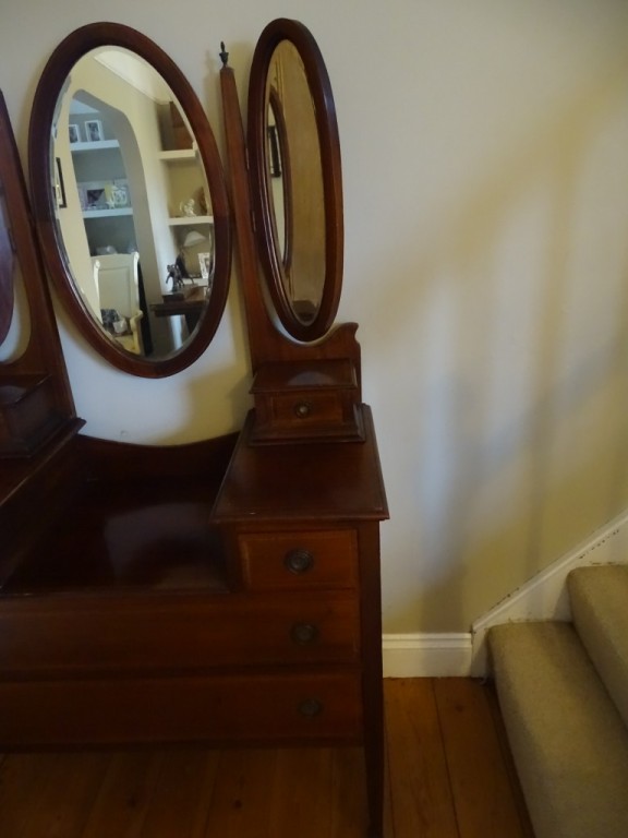 Antique Edwardian Inlaid Mahogany Triple Mirror Dressing Table