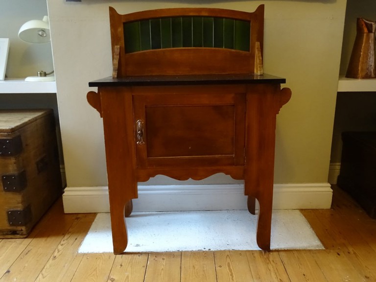Antique Satin Birch Arts & Crafts Marble Topped Wash Stand Copper Handle
