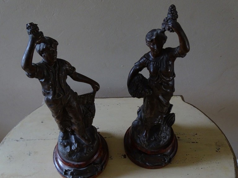Antique French Spelter Grape Pickers Figures - 1930's