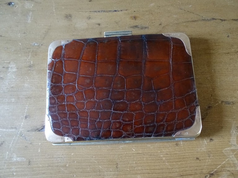 Antique Crocodile Skin Brown Leather And Gold Corner Wallet Card Case By Drew & Sons London