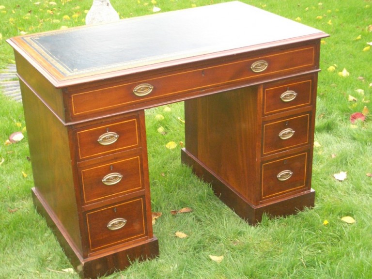 Small Antique Edwardian Inlaid Desk With Blue Leather Top