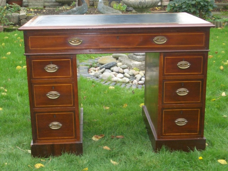 Small Antique Edwardian Inlaid Desk With Blue Leather Top