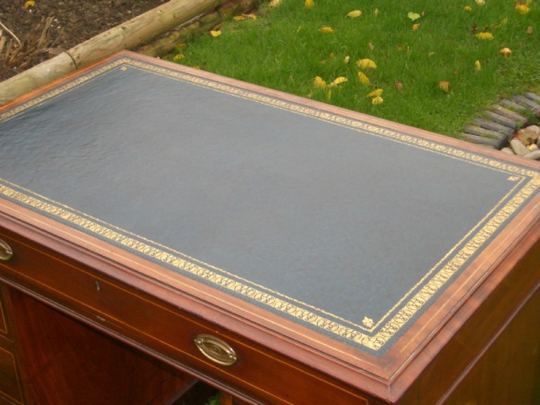 Small Antique Edwardian Inlaid Desk With Blue Leather Top