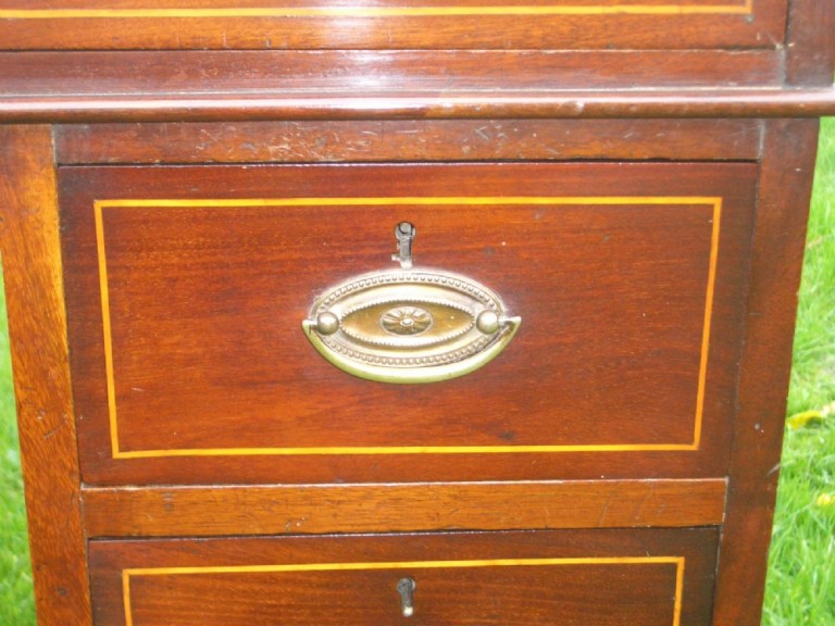 Small Antique Edwardian Inlaid Desk With Blue Leather Top