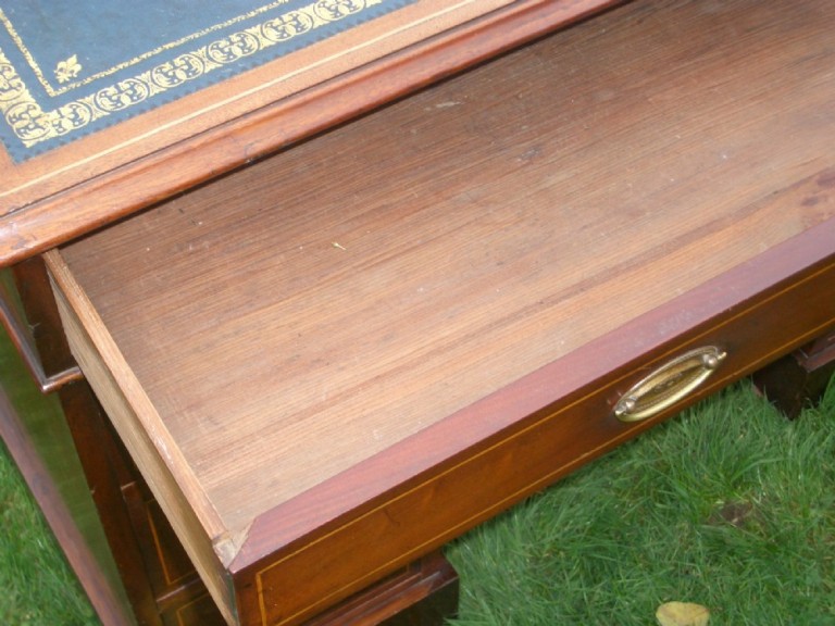 Small Antique Edwardian Inlaid Desk With Blue Leather Top