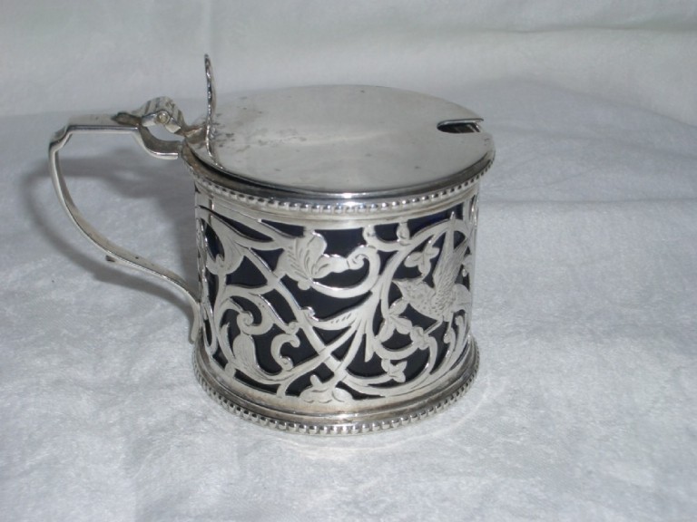 Large Antique Silver Mustard Pot Decorated With Birds And Flowers Birmingham 1903