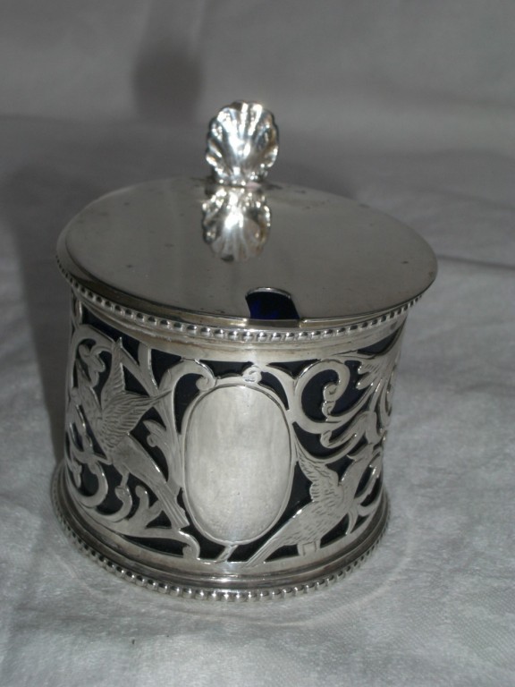 Large Antique Silver Mustard Pot Decorated With Birds And Flowers Birmingham 1903