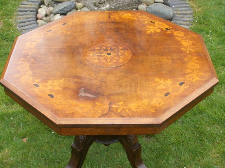 Antique Victorian Inlaid Walnut Pedestal Coffee Table