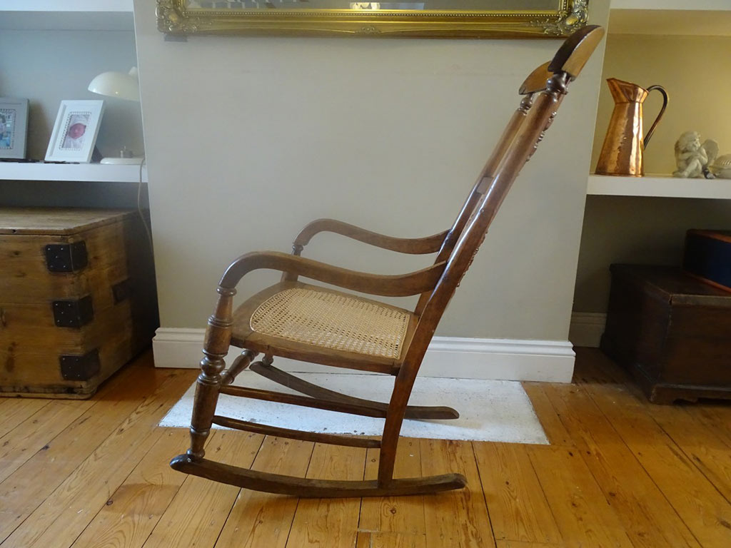 Antique Light Wood Maple Rocking Chair With Cane Seat