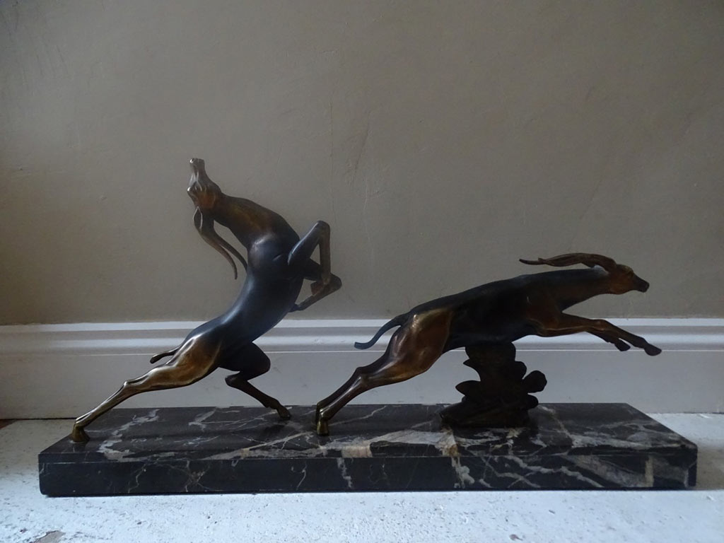 Antique French Art Deco Spelter Antelope Leaping Figures Signed Limousin