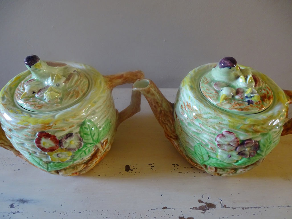 Pair Of Art Deco Wade Heath Porcelain Birds Nest Tea Pots