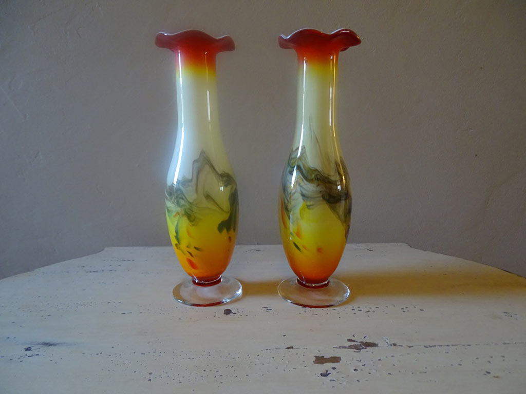 Vintage Pair Of Yellow And Orange Art Glass Vases