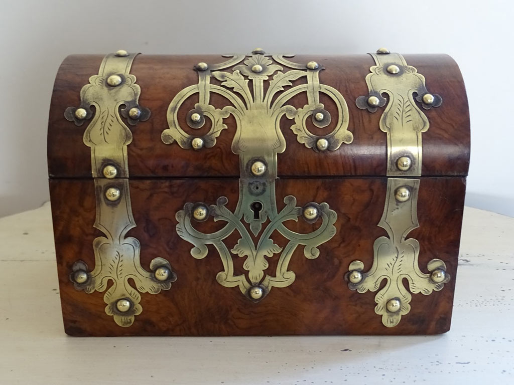 Antique Victorian Walnut And Brass Bound Stationary Box
