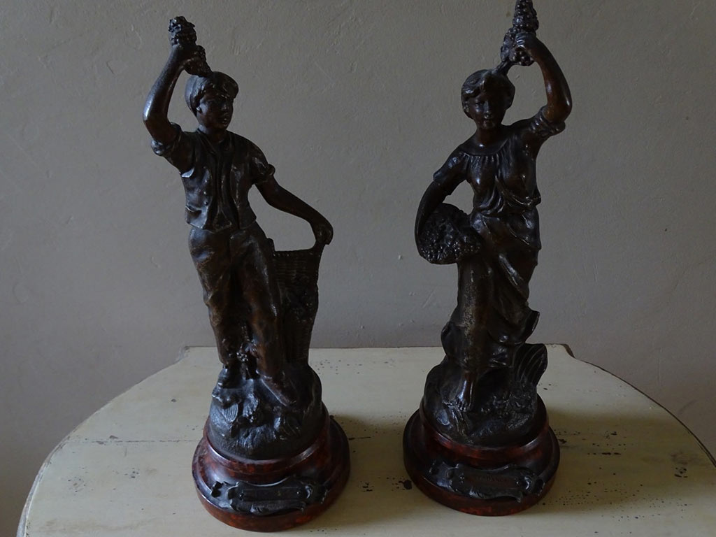 Antique French Spelter Grape Pickers Figures - 1930's