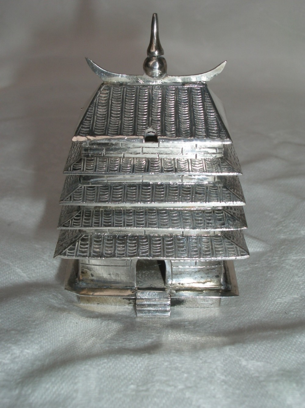 Antique Chinese Silver Wang Hing Pagoda With Lift Up Lid And Steps