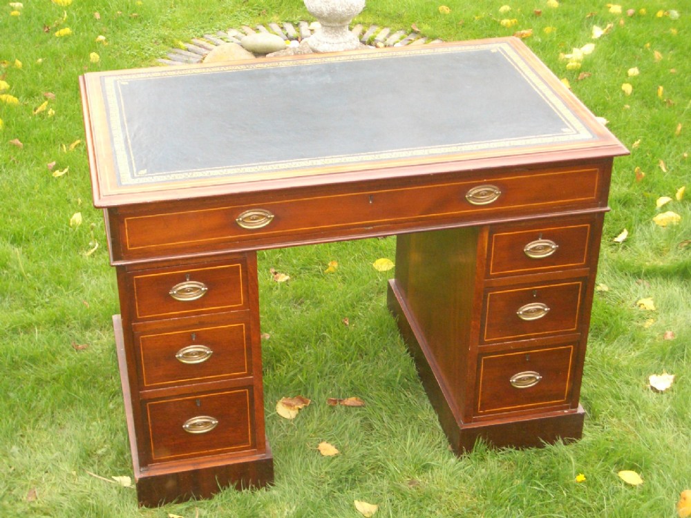 Small Antique Edwardian Inlaid Desk With Blue Leather Top