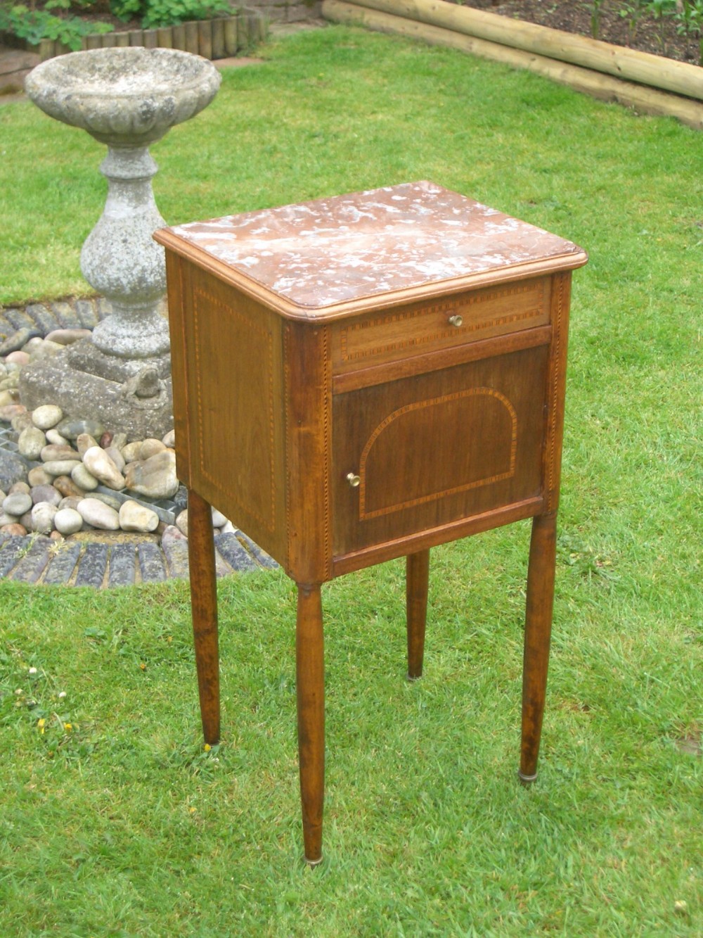 Stunning French Antique Walnut With Inlay Marble Topped And Marble Lined Bedside Cabinet Cupboard