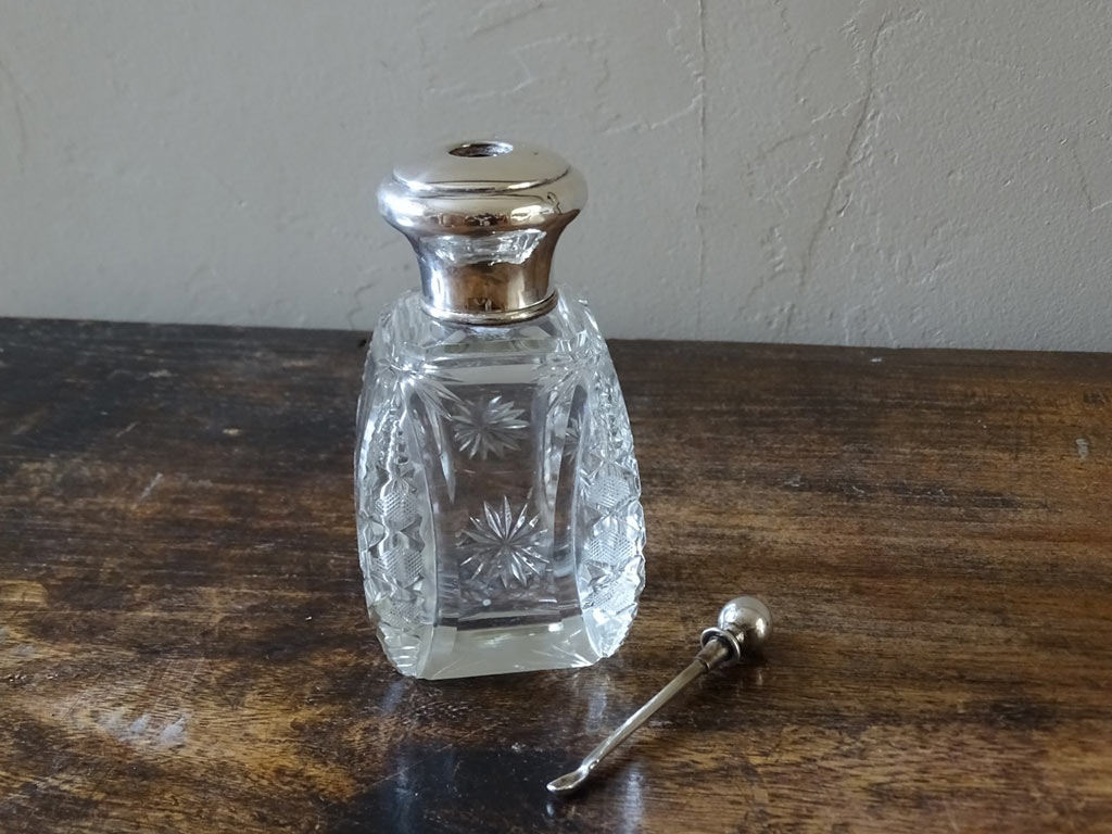 Antique Silver Topped And Cut Glass Perfume Bottle With Silver Dabber